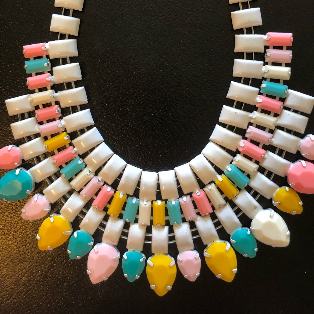 Statement Bib Retro Necklace White with Pink Yellow Blue Pink Costume Resin